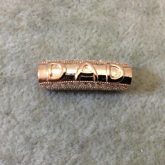 Rose Gold Plated CZ Cubic Zirconia Inlaid Curved Tube/Macaroni Shaped "DAD" Bead W White CZ - ~ 7mm x 21mm, - Sold Individually, Random