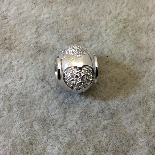 Silver Plated CZ Cubic Zirconia Inlaid Rolled Edge Urn Shaped Bead W White CZ Hearts - ~ 9mm x 10mm, - Sold Individually, Random