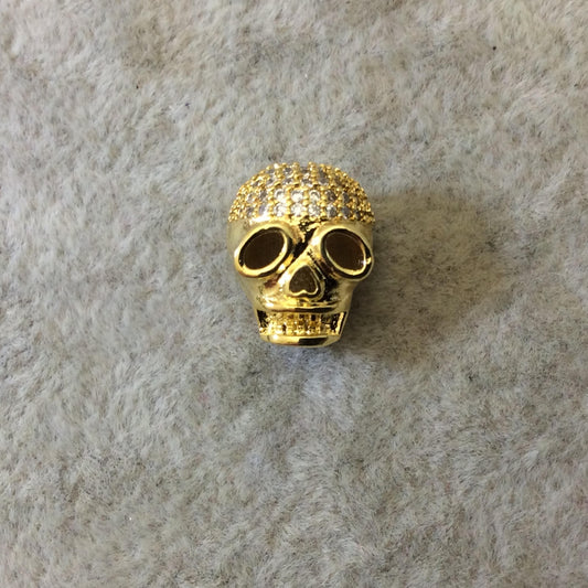 Gold Plated CZ Cubic Zirconia Inlaid Skull Mask/Ski Mask Shaped Bead With White CZ - ~ 9mm x 11mm, - Sold Individually, Random
