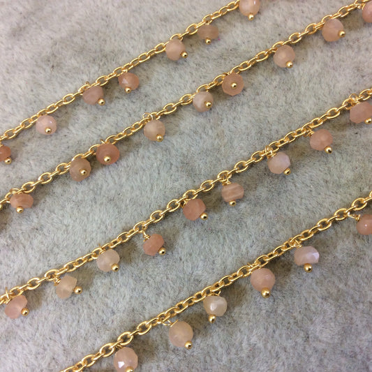 Gold Plated Copper Spaced Single Dangle Wrapped Chain with 3-4mm Peach Moonstone Rondelle Dangles - Sold by 1 Foot Length! (SD020-GD)