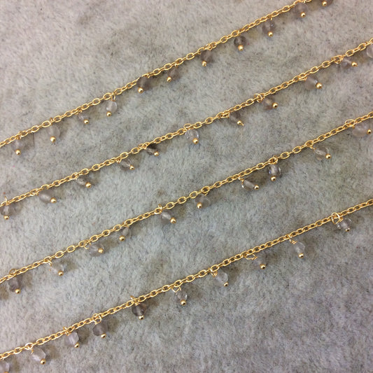 Gold Plated Copper Spaced Single Dangle Wrapped Chain with 3-4mm Smoky Quartz Rondelle Dangles - Sold by 1 Foot Length! (SD016-GD)