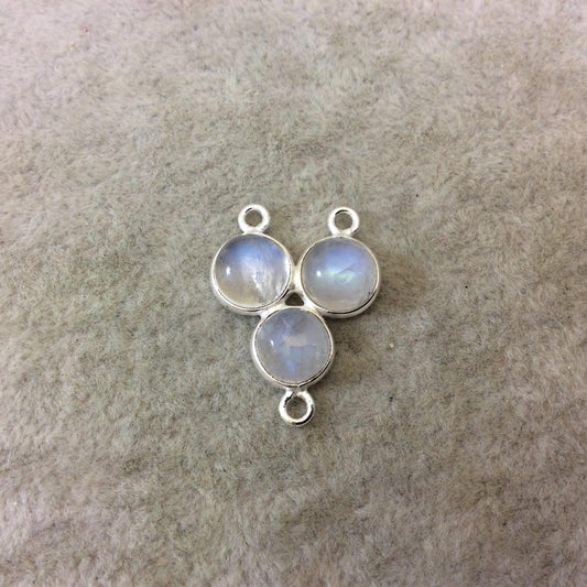 18mm x 18mm Silver Finish Smooth Natural Rainbow Moonstone 3 Stone (8mm) Trillion Shape Plated Copper Bezel 3 Ring Connector- Sold Indiv