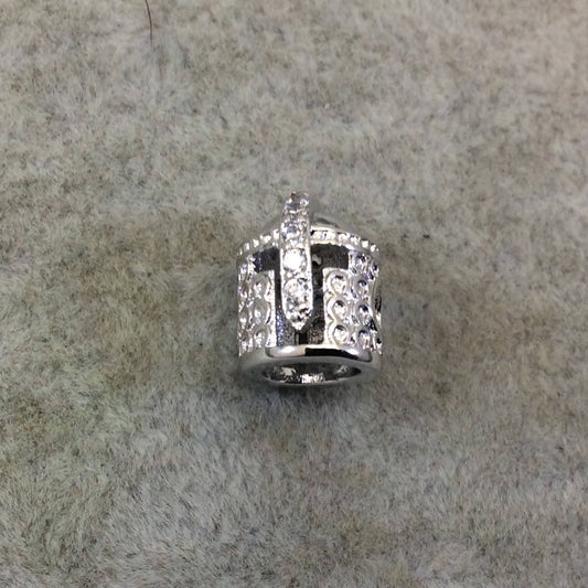 Silver Plated CZ Cubic Zirconia Inlaid Medieval Warrior Helmet Shaped Bead With White CZ - ~ 8mm x 11mm, - Sold Individually, Random