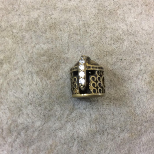Bronze Plated CZ Cubic Zirconia Inlaid Medieval Warrior Helmet Shaped Bead With White CZ - ~ 8mm x 11mm, - Sold Individually, Random