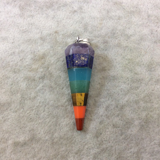 Mixed Chakra Gemstone Faceted Pendulum/Point Pendant W Silver Finish Ring/Bail - Measures 14mm x 42mm, Approx. - Sold Individually, Random