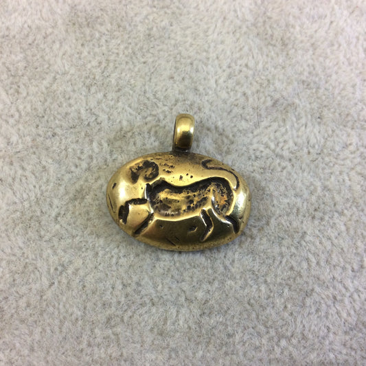 16mm x 24mm Oxidized Gold Plated Rustic Cast Running Dog Icon Copper Oval Shaped Pendant w/ Attached Ring - Sold Individually (K-74)