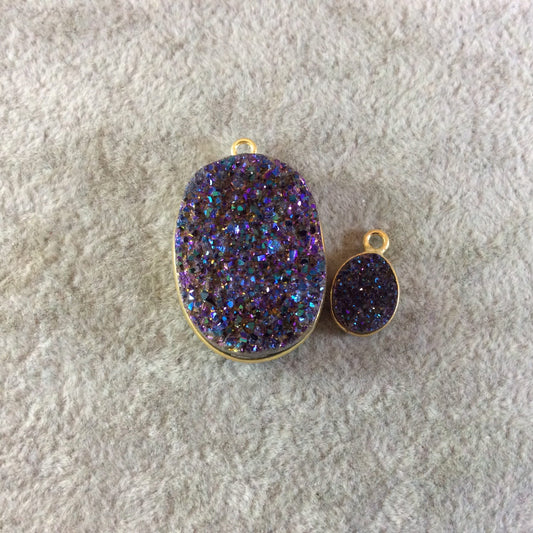 Jeweler's Lot Gold Finish Purple Oval/Oblong Shaped Natural Druzy Agate Bezel Pendants DOP3 ~ 11mm - 26mm Long - Sold In Lot Of 2 As Shown