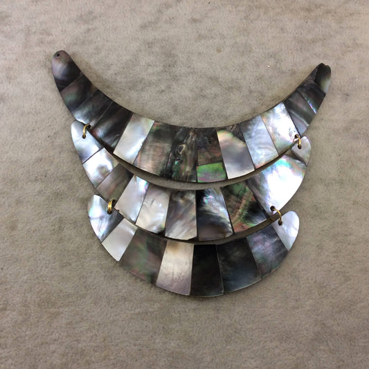 5.5" Three Piece Gold Finish Silver Abalone Shell Inlaid End Drilled Crescent-Shaped Bib Focal Pendant - ~ 135mm x 110mm - Sold Per Set