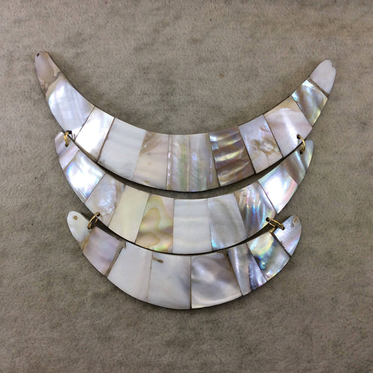 5.5" Three Piece Gold Finish White Abalone Shell Inlaid End Drilled Crescent-Shaped Bib Focal Pendant - ~ 135mm x 110mm - Sold Per Set