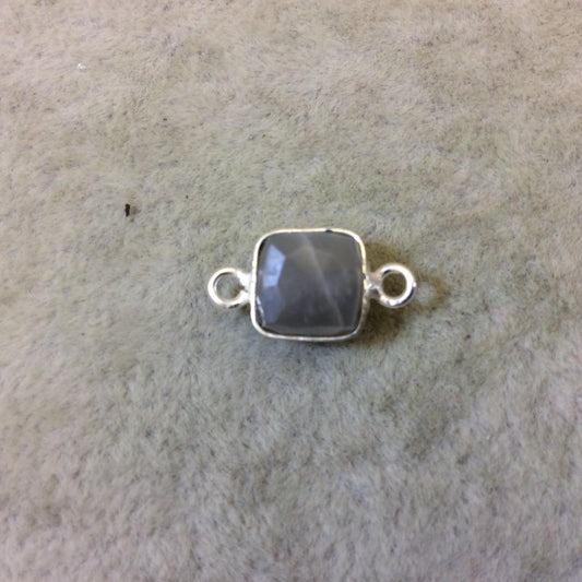 Silver Finish Faceted Gray Moonstone Cube/Square Shape Plated Copper Bezel Connector - Measures 7-8mm - Natural Gemstone - Sold Individually