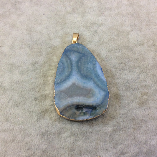 OOAK Large Gold Electroplated Freeform Shaped Teal/Gray/Tan Agate Druzy "A4" Slice Focal Pendant W Bail- ~ 35mm x 60mm, Sold As Shown