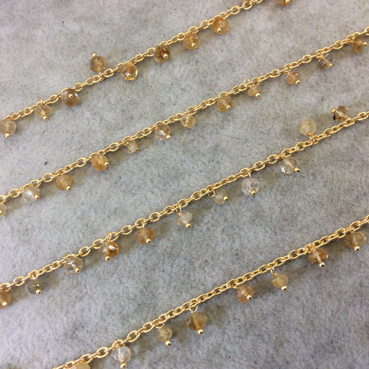Gold Plated Copper Spaced Single Dangle Wrapped Chain with 3-4mm Golden Citrine Rondelle Dangles - Sold by 1 Foot Length! (SD036-GD)