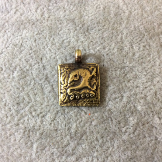 15mm x 15mm Oxidized Gold Plated Rustic Cast Walking Fish Icon Copper Square Shape Pendant W Attached Ring - Sold Individually (K-104)