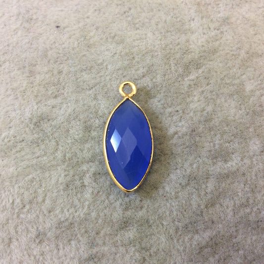 Gold Finish Faceted Denim Blue Chalcedony Marquise Shaped Bezel Pendant Component - Measuring 10mm x 20mm - Natural Gemstone