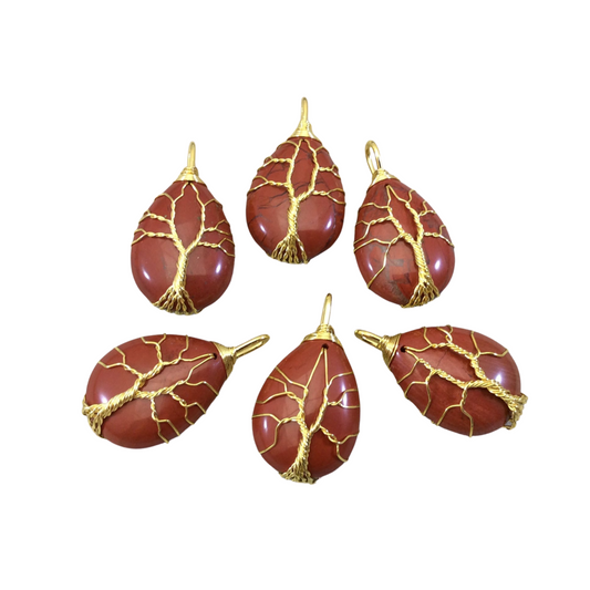 1.5" Gold Plated Copper Wire Wrapped Tree Focal Pendant with Red Jasper Stone - Measures 25mm x 30mm - Sold Individually, Chosen at Random