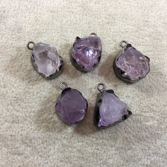 Gunmetal Finish Medium Raw Nugget Genuine Pale Amethyst Wavy Bezel Pendant - ~ 15mm - 19mm Long - Sold Individually, Selected Randomly