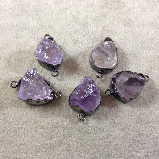 Gunmetal Finish Large Raw Nugget Genuine Pale Amethyst Wavy Bezel Connector - ~ 21mm - 24mm Long - Sold Individually, Selected Randomly
