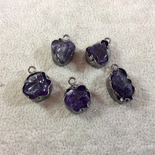 Gunmetal Finish Medium Raw Nugget Genuine Dark Amethyst Wavy Bezel Pendant - ~ 16mm - 18mm Long - Sold Individually, Selected Randomly