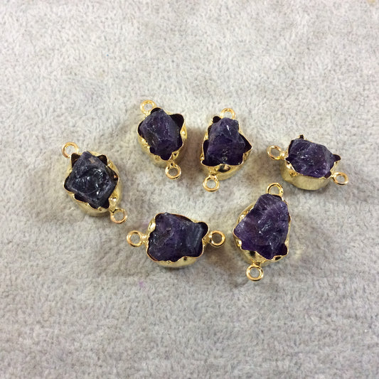 Gold Finish Medium Raw Nugget Genuine Dark Amethyst Wavy Bezel Connector - 17mm - 20mm Long, Approx. - Sold Individually, Selected Randomly