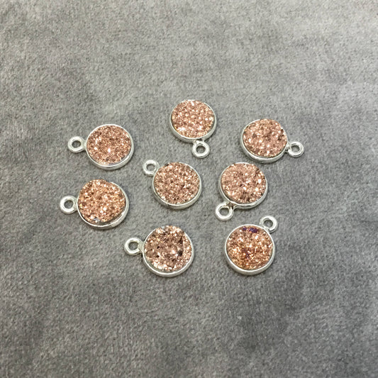 Silver Finish Metallic Peach/Rose Gold Round/Coin Shaped Natural Druzy Agate Bezel Pendant Component - Measures 8mm x 8mm - Sold Per Each