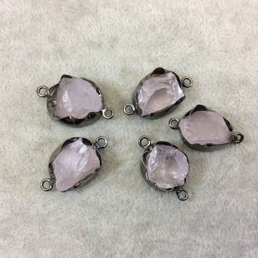 Gunmetal Finish Medium Raw Nugget Genuine Rose Quartz Wavy Bezel Connector - ~ 16mm - 20mm Long - Sold Individually, Selected Randomly