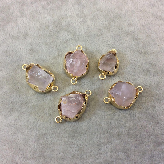 Gold Finish Medium Raw Nugget Genuine Rose Quartz Wavy Bezel Connector - 15mm - 20mm Long, Approx. - Sold Individually, Selected Randomly