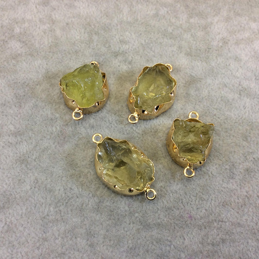Gold Finish Large Raw Nugget Genuine Lemon Quartz Wavy Bezel Connector - ~ 20mm - 24mm Long - Sold Individually, Selected Randomly