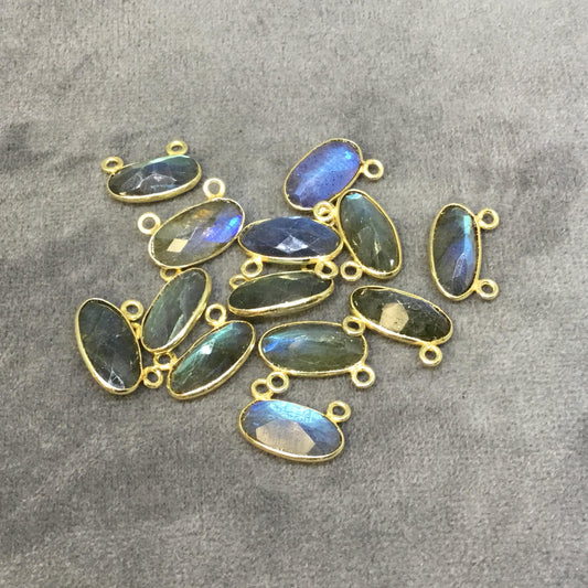 Labradorite Bezel | Gold Plated Copper Faceted Natural Faceted Oval Shaped Pendant with Two Top Rings - Measuring 14mm x 7mm