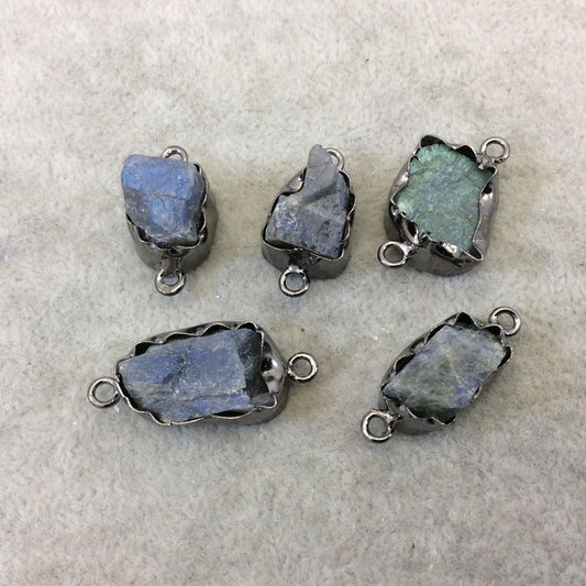 Gunmetal Finish Medium Raw Nugget Genuine Labradorite Wavy Bezel Connector ~ 16mm - 20mm Long - Sold Individually, Selected Randomly
