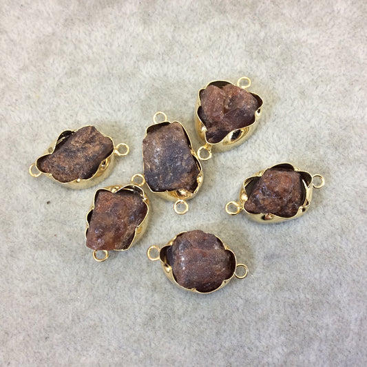 Gold Finish Large Raw Nugget Genuine Hessonite Garnet Wavy Bezel Connector - ~ 18mm - 22mm Long - Sold Individually, Selected Randomly