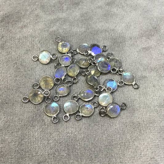 BULK PACK of Six (6) Gunmetal Sterling Silver Pointed/Cut Stone Faceted Round/Coin Shaped Labradorite Bezel Connectors - Measuring 5mm x 5mm