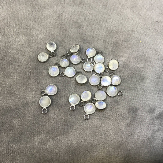 BULK PACK of Six (6) Gunmetal Sterling Silver Pointed/Cut Stone Faceted Round/Coin Shaped Moonstone Bezel Pendants - Measuring 4mm x 4mm