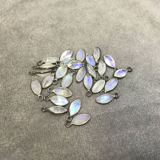 BULK PACK of Six (6) Gunmetal Sterling Silver Pointed/Cut Stone Faceted Marquise Shaped Moonstone Bezel Pendants - Measuring 4mm x 8mm