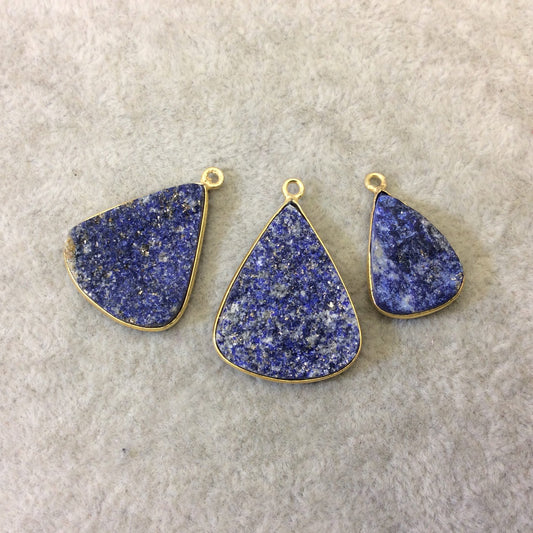 Jeweler's Lot Gold Plated Three Natural Rough/Raw Lapis Lazuli Triangle Shaped Bezel Pendants "RLL04" ~ 20-27mm Long - Semi-Precious Gem