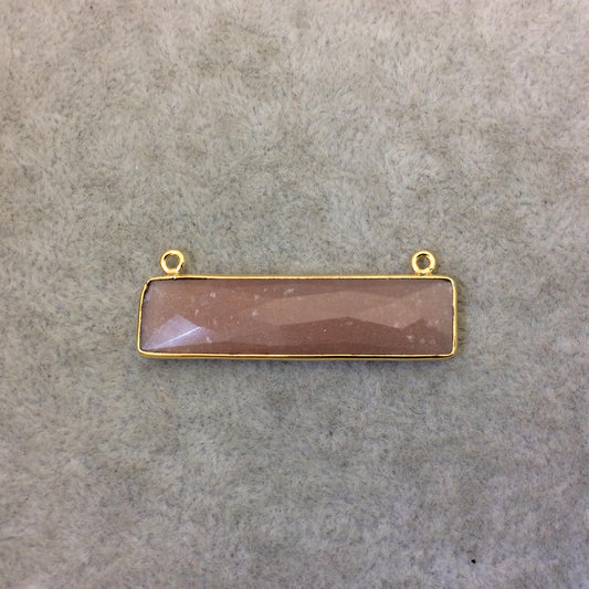 Gold Plated Faceted Natural Peach Moonstone Rectangle/Bar Shaped Bezel Connector ~ 10mm x 40mm - Sold Individually, Chosen Randomly
