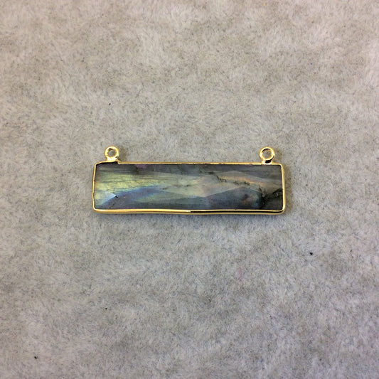 Labradorite Bezel | Gold Plated Faceted Natural Rainbow Rectangle/Bar Shaped Connector - ~ 10mm x 40mm - Sold Individually, Chosen Randomly