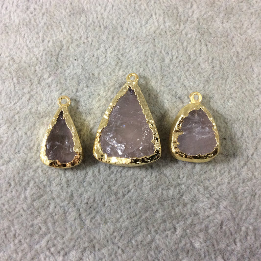 Jeweler's Lot of Three Gold Electroformed Natural Rough Rose Quartz Freeform Pendants "RQE19"- ~ 17mm - 23mm Long - Quality Raw Gemstone