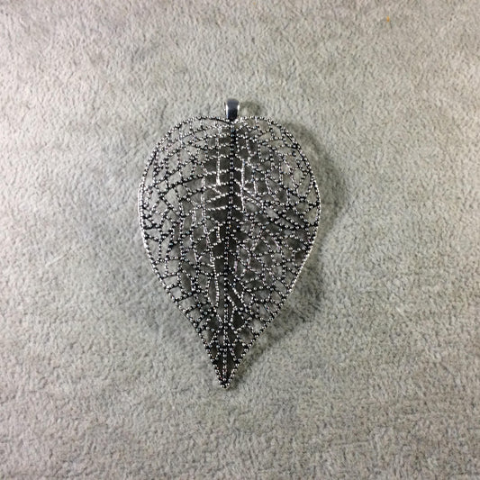 Oxidized Silver Plated Leaf Shaped Inlaid Plated Copper Base Metal Focal Pendant - Measuring 55mm x 82mm - Sold Individually