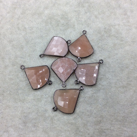 Gunmetal Plated Faceted Natural Peach Moonstone Fan Shape Bezel Connector - Approx. 20-22mm x 20-22mm - Sold Individually, At Random
