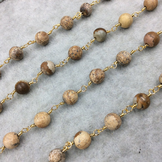 Gold Plated Copper Wrapped Rosary Chain with 8mm Smooth Natural Picture Jasper Round Shaped Beads - Sold by the Foot! (CH410-GD)!