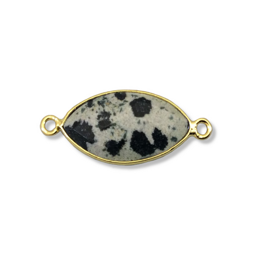 Gold Plated Natural Dalmatian Jasper Faceted Marquise Shaped Copper Bezel Connector - Measures 10mm x 20mm - Sold Individually, Random