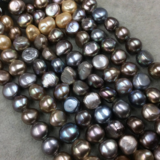 9mm-10mm High Quality Natural Freshwater Mix Silver/Bronze/Cream Button Shaped Beads - 15.5" Strand (Approx. 40 Beads) - Sold by the Strand