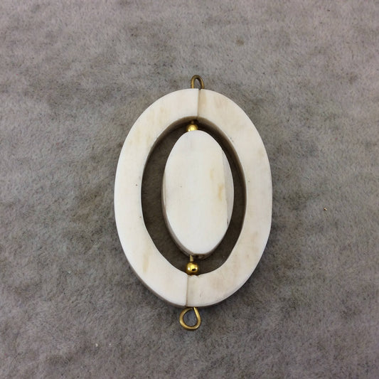 2.5" White Oval/Oblong Shaped Natural Ox Bone Spinner Pendant with Gold Plated Beads/Suspension Rings - Measures 41mm x 62mm Sold Per Each