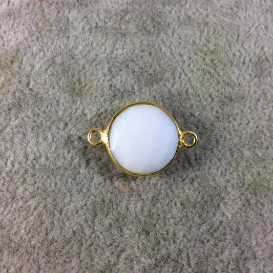 Gold Plated Faceted White Hydro (Lab Created) Chalcedony Round/Coin Shaped Bezel Connector - Measuring 15mm x 15mm - Sold Individually