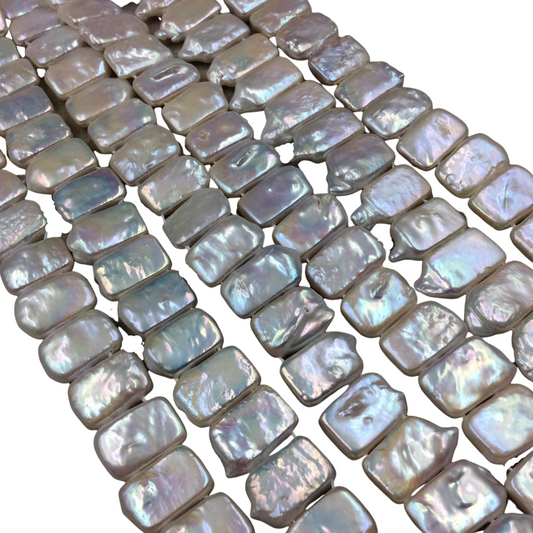 10mm x 15mm Natural Double Drilled Freshwater Pearl Iridescent White Rectangle Shape Beads - 15.5" Strand ~ 34 Beads - Sold Per Strand