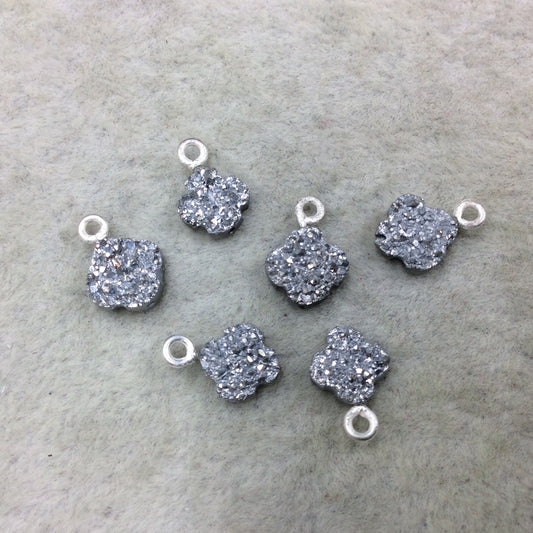 Large Bright Silver Quatrefoil Shape Natural Druzy Pendant W Silver Ring - Measures 8mm x 8mm, Approx. - Sold Individually, Randomly Chosen