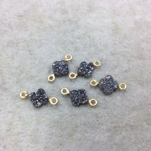 Medium Dark Silver Quatrefoil Shape Natural Druzy Connector W Gold Rings - Measures 7mm x 7mm, Approx. - Sold Individually, Randomly Chosen