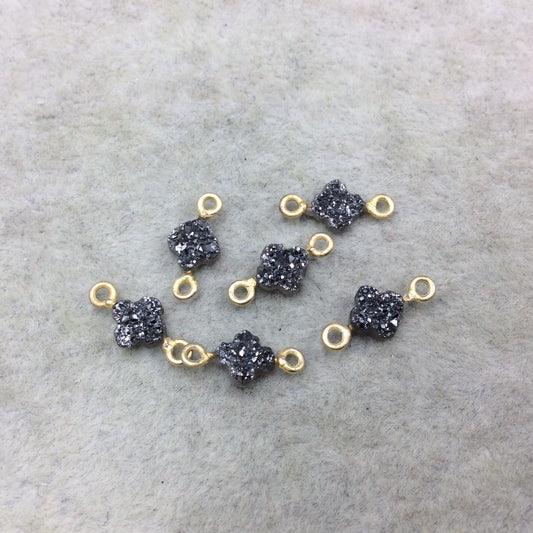 Small Dark Silver Quatrefoil Shape Natural Druzy Connector W Gold Rings - Measures 6mm x 6mm, Approx. - Sold Individually, Randomly Chosen