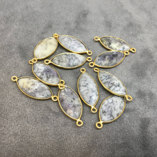 Gold Plated Natural Dendritic Opal Faceted Marquise Shaped Copper Bezel Connector - Measures 10mm x 20mm - Sold Individually, Random