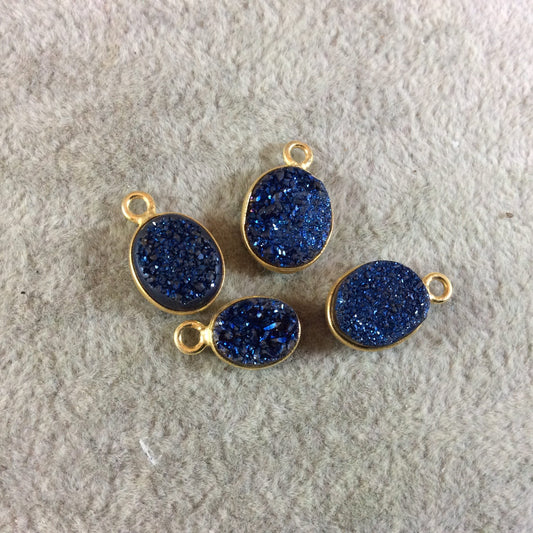 Jeweler's Lot Gold Finish Blue Oval/Oblong Shaped Natural Druzy Agate Bezel Pendants DOB2 ~ 10mm - 12mm Long - Sold In Lot Of 4 As Shown